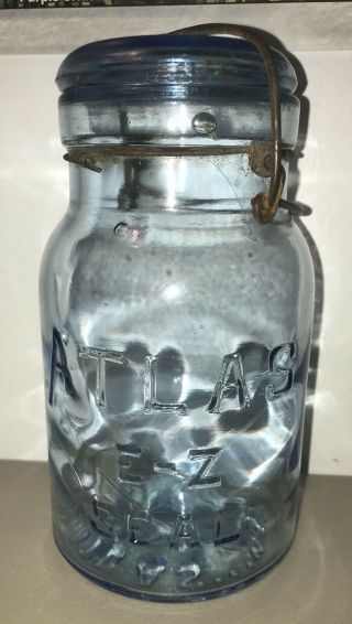 Vintage Atlas E - Z Seal Blue Quart Canning Jar With Glass Lid And Wire Bale 3
