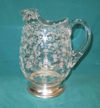 Large Vintage Etched Glass And Sterling Silver Pitcher - 9.  5 "