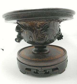 Chinese Circa 1750 Dragon Bronze Incense Burner And Wood Stand