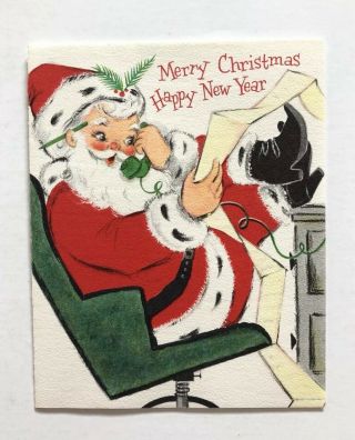 Vintage Hallmark Christmas Card Santa Office Chair Desk Telephone Mcm Vtg