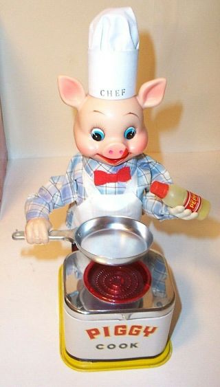 1950 ' s BATTERY OPERATED PIGGY COOK VINTAGE TIN TOY BURGER CHEF ' S BBQ BUDDY 3
