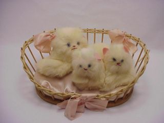 3 Vintage White Real Fur Cats Glass Blue Eyes W/ Basket 50’s Mother,  2 Kittens