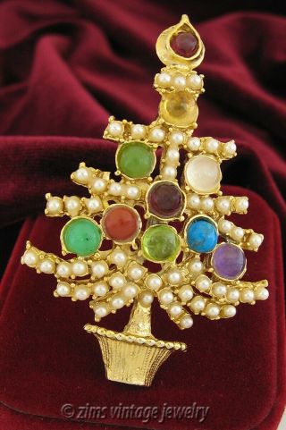 Vintage Swoboda Signed Multi Color Gemstone Christmas Tree Gold Pearl Pin Brooch