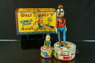 1945 Louis Marx Co.  Walt Disney Donald Duck Duet Tin Wind Up Jigger Toy W/ Box