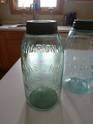 Crude MARION JAR and KEYSTONE Mason Patent 1858 Half Gallon Fruit Jars 2
