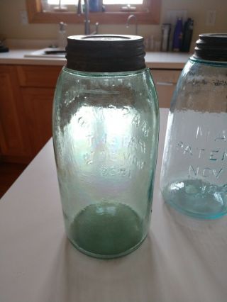 Crude MARION JAR and KEYSTONE Mason Patent 1858 Half Gallon Fruit Jars 3