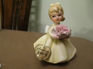 Vintage Napco January Flower Girl In Yellow Dress With Carnations & Foil Tag