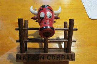 Vintage Salt And Pepper Shakers Red Bulls Heads In Napkin Corral Wooden Japan