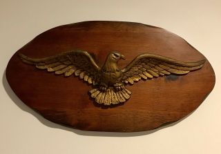 Vintage Cast Brass Metal American Bald Eagle On Wooden Wall Hanging Board Plaque