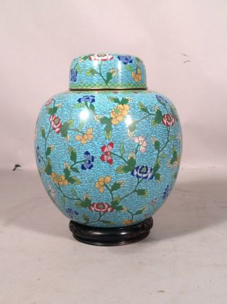 Large Blue Antique Cloisonne Ginger Jar On Carved Wood Stand China