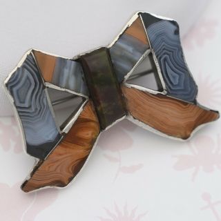 Antique Victorian Scottish Sterling Silver Agate Large Bow Brooch Pin Pendant