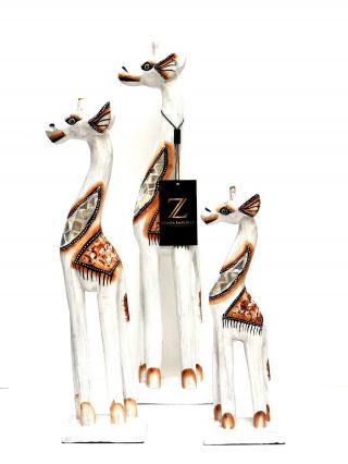 Giraffe Statues Set Of 3 Wood Hand Carved With Glass Inlay Details 20”16”12 "