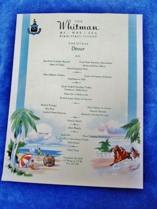 1939 Whitman By - The - Sea,  Miami Beach,  Fl - Vintage Hotel Christmas Dinner Menu
