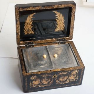 Antique Chinese Gilt Lacquered Wood & Pewter Tea Caddy 19th Century Lacquer