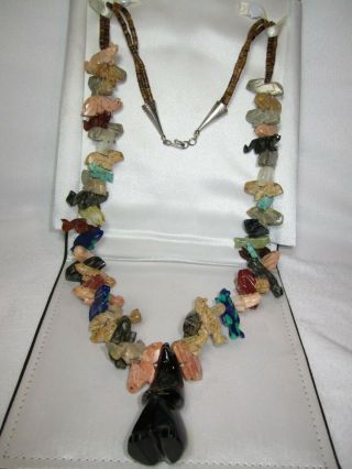 Vintage Zuni Native American 51 Animal Fetish Necklace Heishi Beads Silver Cones 2