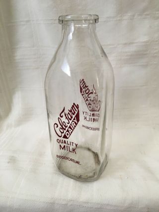 Vintage Quart Milk Bottle Cole Farm Dairy Biddeford Maine 1950’s