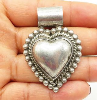 Mexico 925 Silver - Vintage Ball Bead Trim Love Heart Slide Pendant - P7614