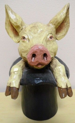 Vintage Christopher La Montagne Wood Carver Pig Top Hat Painted Figurine 40/500