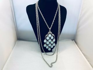 Vtg.  Crown Trifari Blue Glass “waterfalls” Silver Tone 3 - Chain Necklace