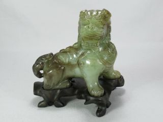 Heavy Ornate Chinese Hand Carved Spinach Jade Stone Foo Dog Wooden Stand