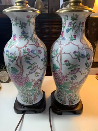 Large Pair Vtg Chinese Asian Famille Rose Vase Table Lamps