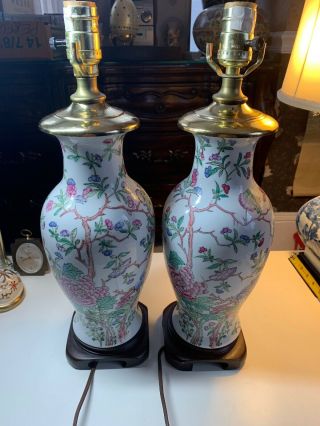 Large Pair Vtg Chinese Asian Famille Rose Vase Table Lamps 2