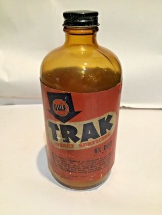 Vintage Gulf Oil Old Logo Trax Insect Surficide 1 Pint Brown Bottle (empty)