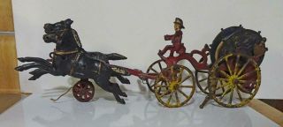 Antique Kenton Cast Iron Horse Drawn Fire Hose Reel Wagon 2 Black Horses