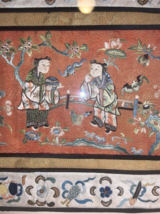 Antique Chinese Qing Dynasty Silk Embroidery Panel Framed 15 1/2” X 11 1/2” 3