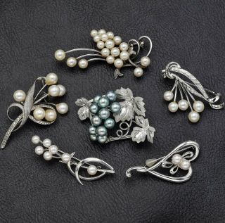 Vintage Sterling Silver Sea Pearl Assorted Pin Brooch 6 Piece Set 53.  2 Grams