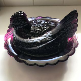Vintage Plum Purple Amethyst Vaseline Glass Chicken Hen Nest Trinket Candy Dish