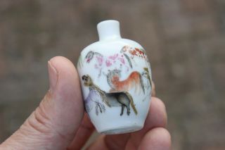 Antique Chinese 19th Century Yongzheng Mark Famille Rose Snuff Bottle Horses