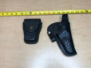 Vintage Leather Handcuff Case And Gun Holster Police Baseket Weave Set