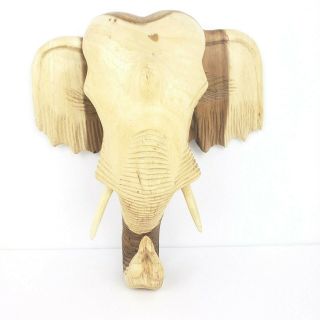 Hand Carved Wooden Elephant Head Wall Hanging Decor 10.  5 X 9.  5 Inches