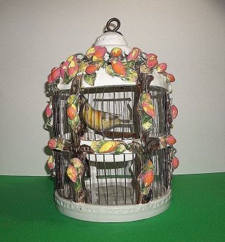 Vintage Italian Pottery Majolica Bird Cage Canary On Wood Perch