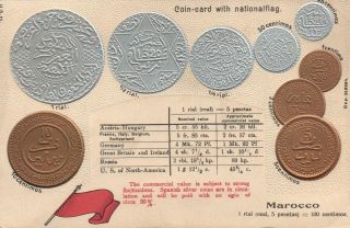 Vintage Maroko Morocco Flag & Embossed Copper & Silver Coins Postcard -
