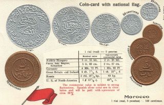 Vintage Morocco Flag & Embossed Copper & Silver Coins Postcard -