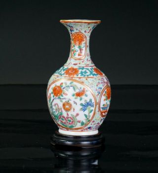 Antique Chinese Famille Rose Porcelain Flower Vase With Wooden Stand 19th C Qing