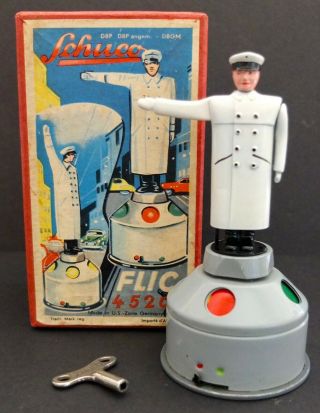 Vintage Schuco Traffic Policeman Wind Up Toy Flic 4520 Made In Us Zone Germany