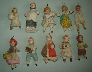 Set Of 10 Antique Old Early 20c Russian Christmas Ornaments Spun Cotton Rare