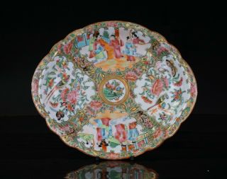 Antique Chinese Canton Famille Rose Porcelain Oval Plate Lobed Rim 19th C