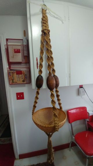 Vintage Large 75 " Hanging Macrame Plant Hanger W/5 " Wood Beads & Wicker Basket
