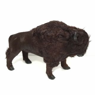 Vintage Real Fur Buffalo Bison Figurine Statue Toy Display Leather Brown 13x8.  5”