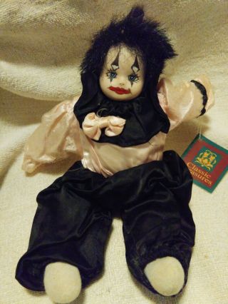 Classic Treasures Porcelain Clown Doll Taina Black Hair Pink/black Suit 8 " Tall