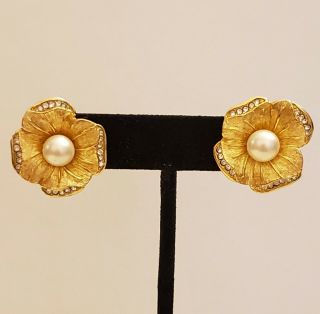 Signed Cristian Dior Vintage Earrings Flowers Faux Pearls Rhinestones