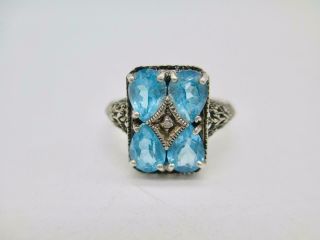 Vintage Art Deco 2.  48 Ctw Blue Topaz Sterling Silver Filigree Ring Size 9.  25