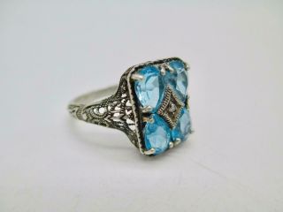 Vintage Art Deco 2.  48 ctw Blue Topaz Sterling Silver Filigree Ring Size 9.  25 2