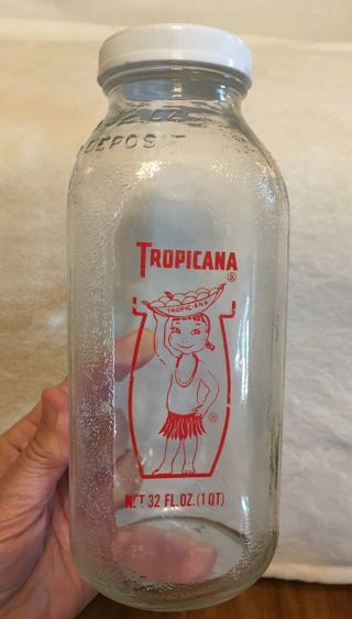 2 Vtg Tropicana Orange Juice 32 Fl Oz Glass Bottle W/ Lid With Tropic - Ana (a)