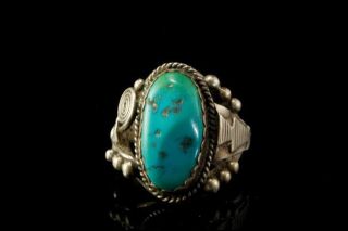 Vintage Navajo Turquoise Sterling Silver Signed Mens Signet Ring A803 - 117