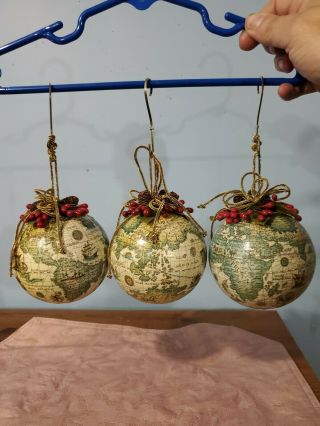 Ornament: Old World Globe World Map,  Set Of 3,  Gold Cords,  Red Berries,  Pinecone